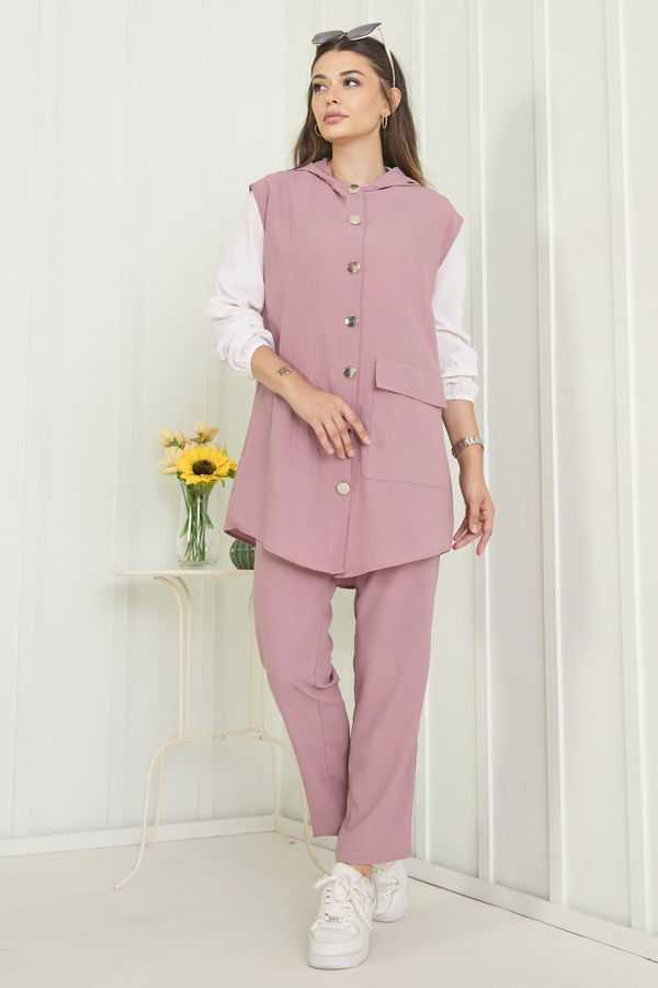 Düz Kapşonlu Yaka Kadın Pembe Yelek+Pantolon - 11490