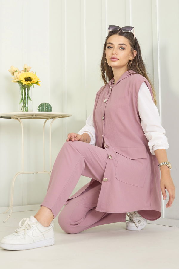 Düz Kapşonlu Yaka Kadın Pembe Yelek+Pantolon - 11490