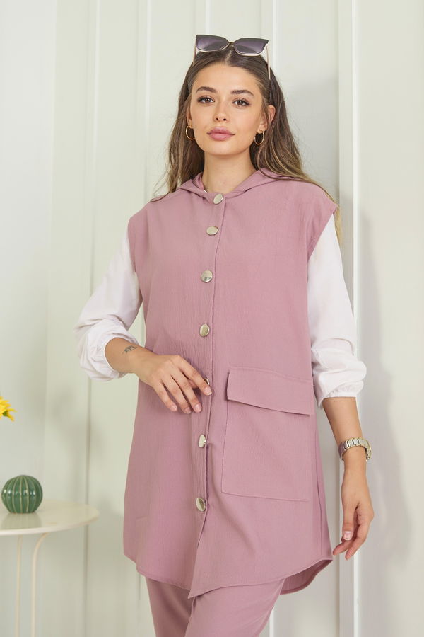 Düz Kapşonlu Yaka Kadın Pembe Yelek+Pantolon - 11490