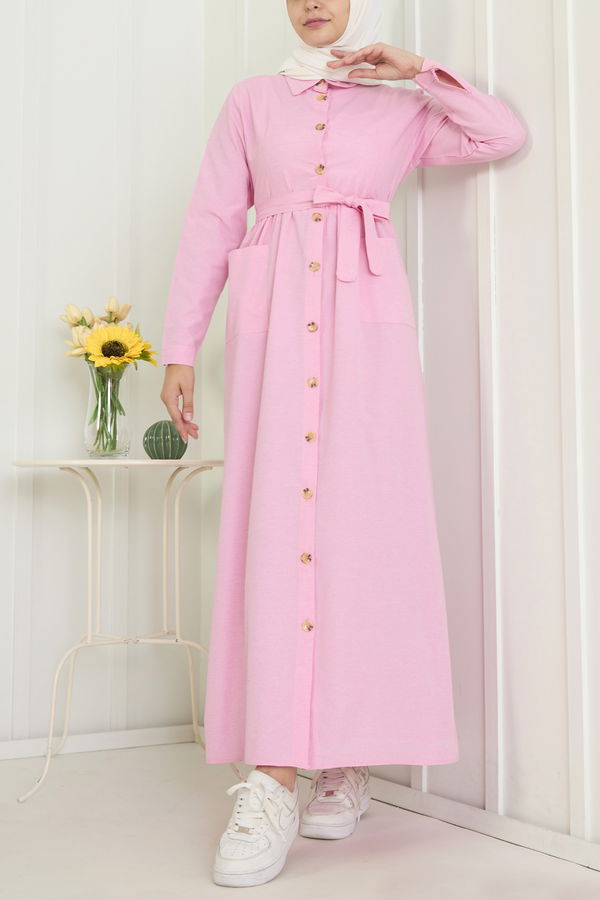 Düz Gömlek Yaka Kadın Pembe Elbise - 11425 PEMBE