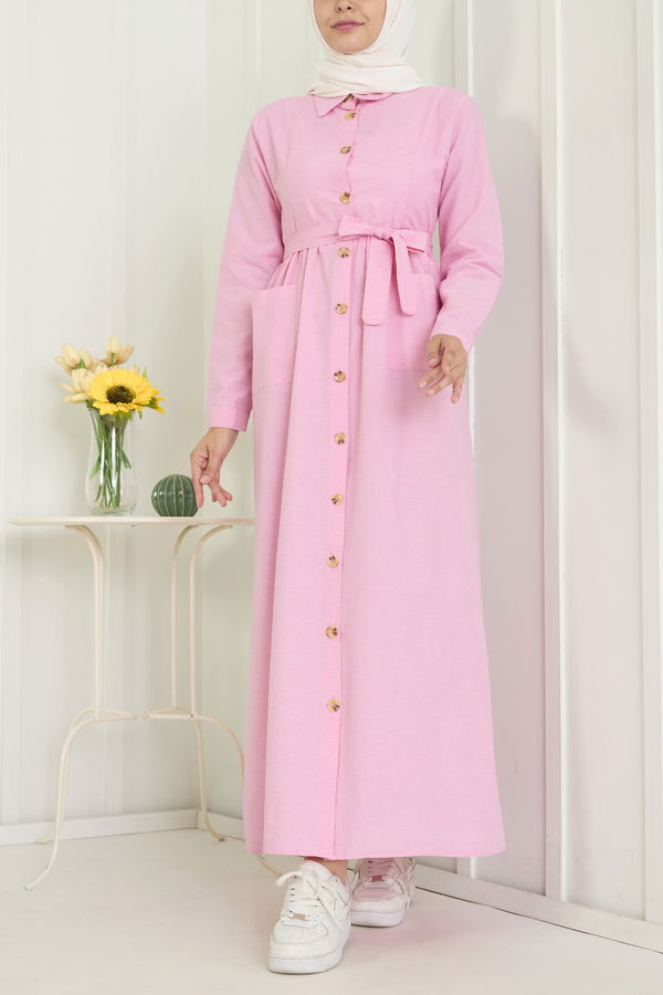 Düz Gömlek Yaka Kadın Pembe Elbise - 11425 PEMBE