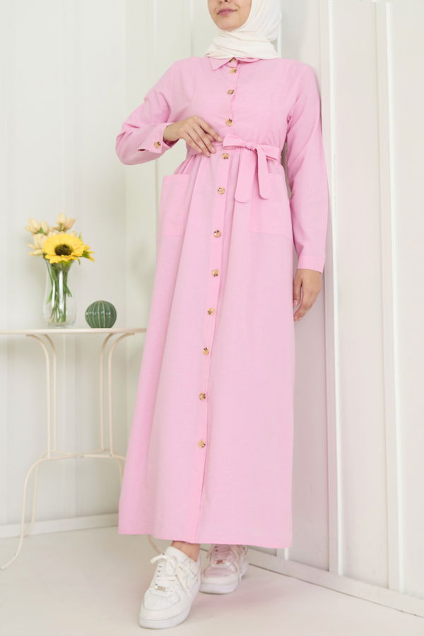 Düz Gömlek Yaka Kadın Pembe Elbise - 11425 PEMBE