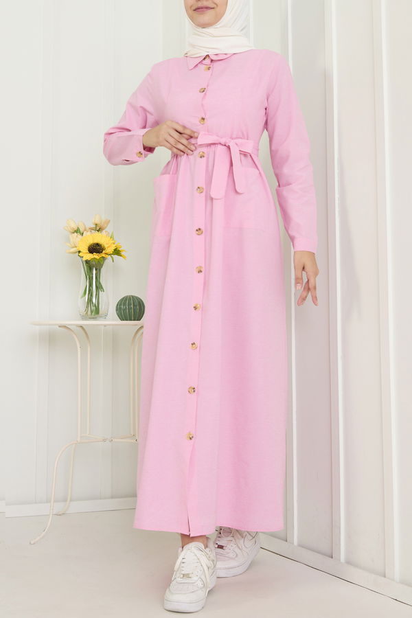 Düz Gömlek Yaka Kadın Pembe Elbise - 11425 PEMBE