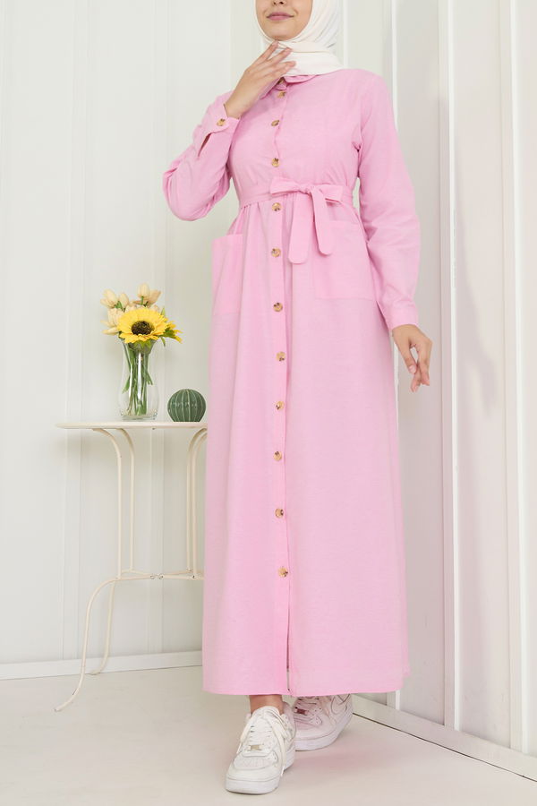 Düz Gömlek Yaka Kadın Pembe Elbise - 11425 PEMBE