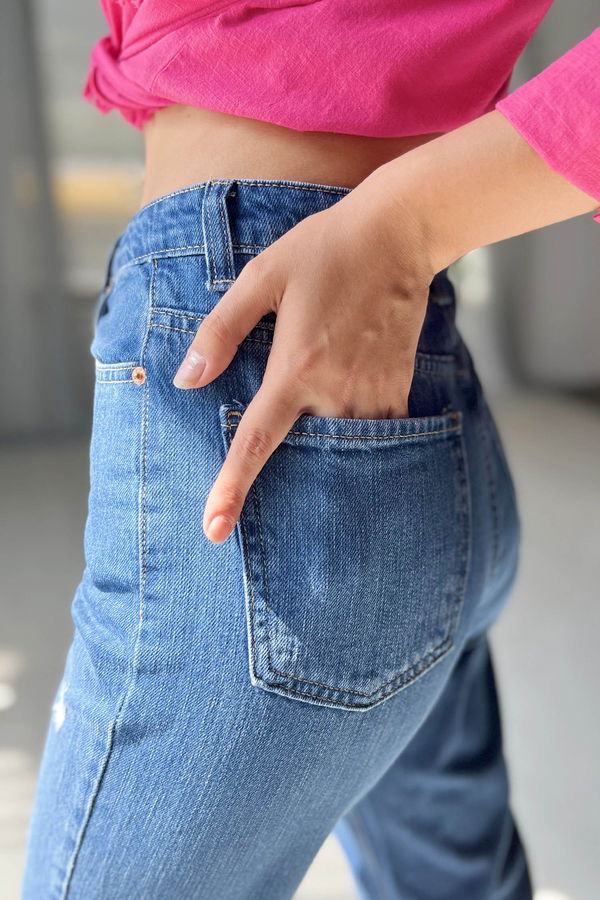 Düz Orta Kadın Mavi Kot Pantolon - 22597