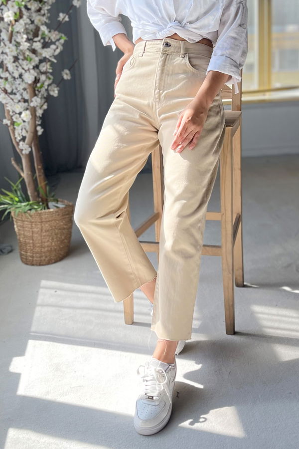 Düz Orta Kadın Bej Kot Pantolon - 22599