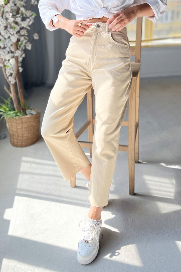 Düz Orta Kadın Bej Kot Pantolon - 22599