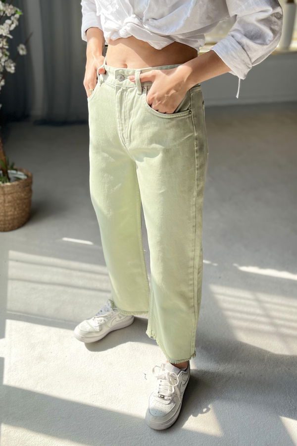 Düz Orta Kadın Yeşil Kot Pantolon - 22599