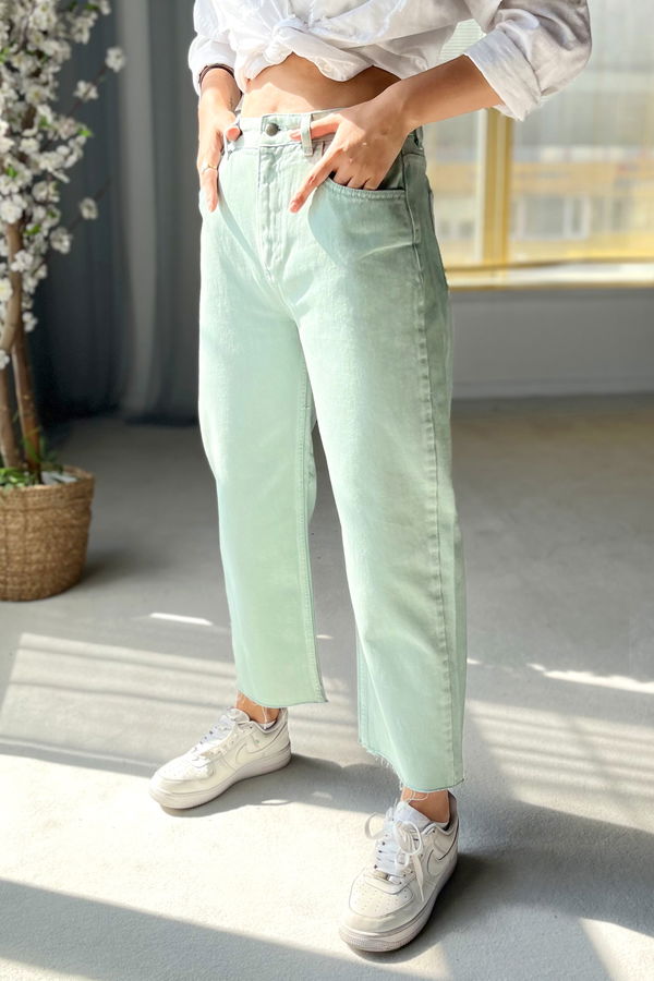 Düz Orta Kadın Yeşil Kot Pantolon - 22599