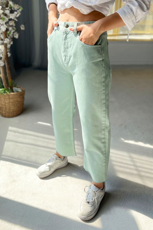Düz Orta Kadın Yeşil Kot Pantolon - 22599