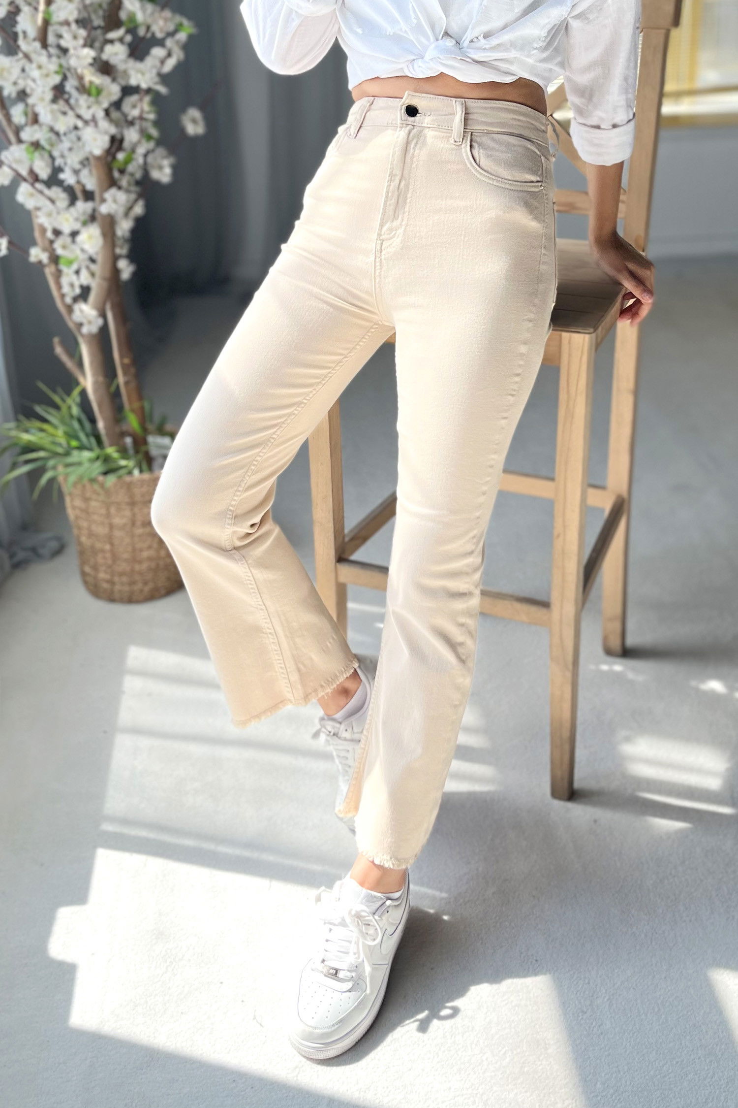 Düz Orta Kadın Bej Kot Pantolon - 22599 BEJ