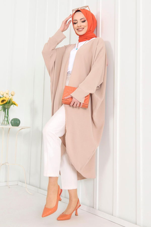 Düz Ceket Yaka Kadın Bej Kimono - 11657