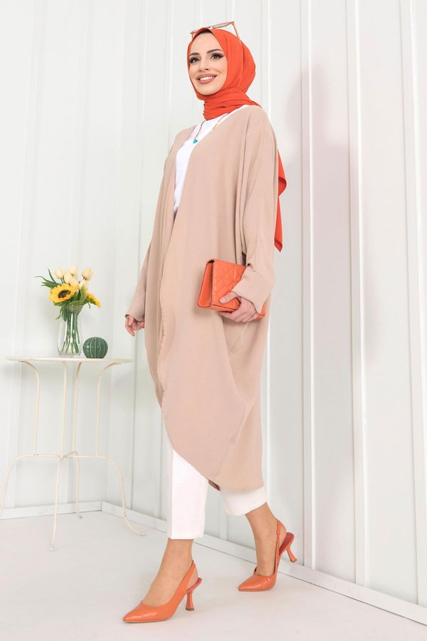 Düz Ceket Yaka Kadın Bej Kimono - 11657