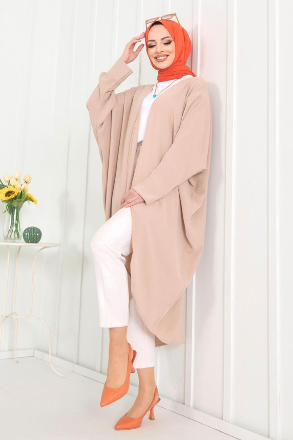 Düz Ceket Yaka Kadın Bej Kimono - 11657