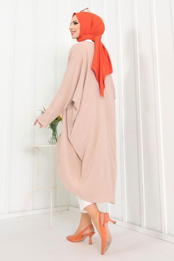 Düz Ceket Yaka Kadın Bej Kimono - 11657