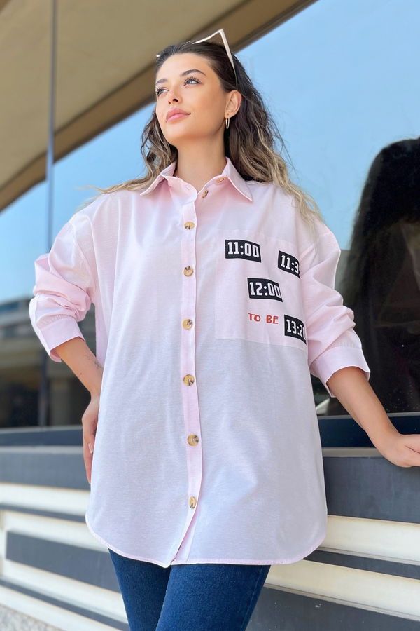 Düz Gömlek Yaka Kadın Pembe Gömlek - 11467