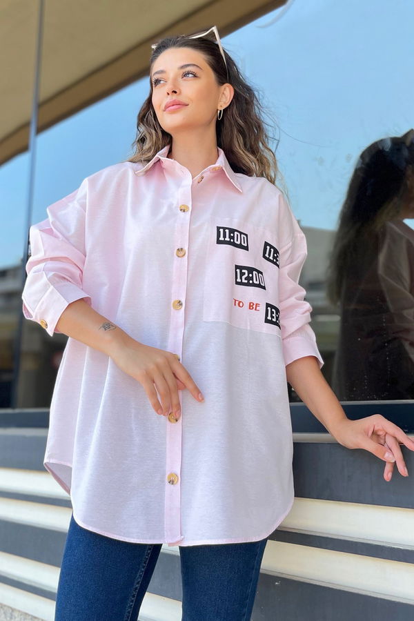 Düz Gömlek Yaka Kadın Pembe Gömlek - 11467
