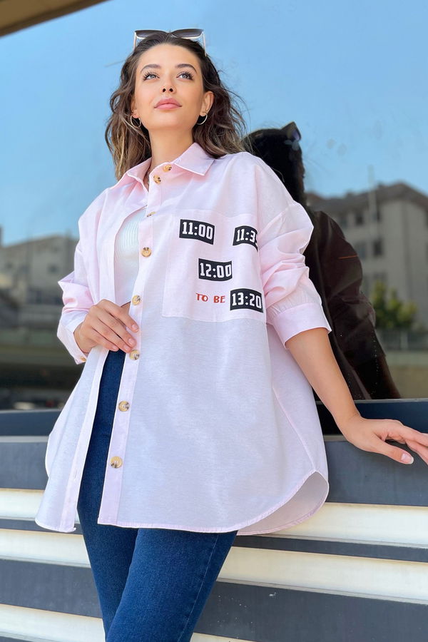 Düz Gömlek Yaka Kadın Pembe Gömlek - 11467