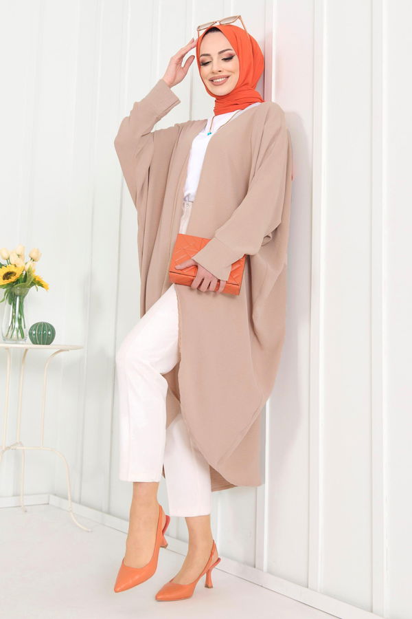 Düz Ceket Yaka Kadın Vizon Kimono - 11657