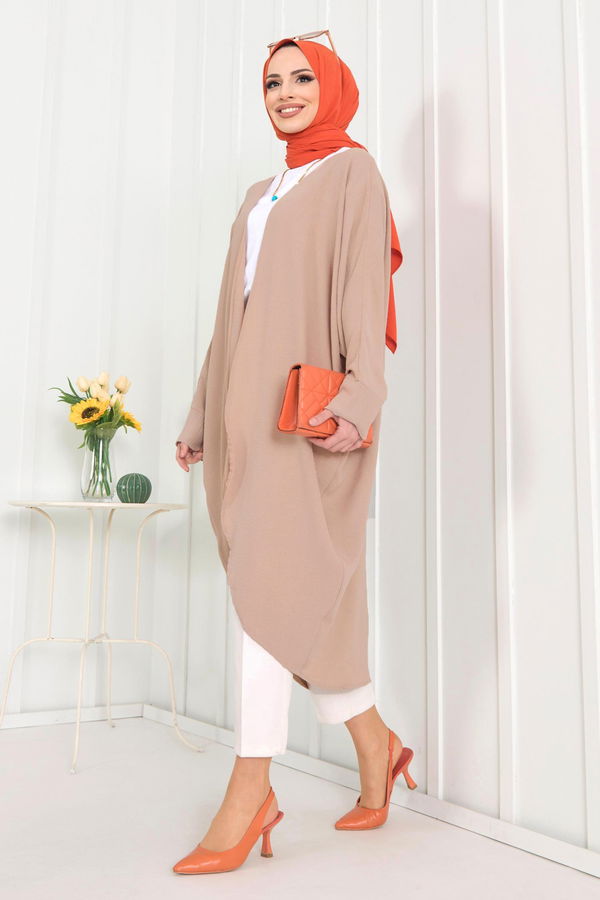 Düz Ceket Yaka Kadın Vizon Kimono - 11657