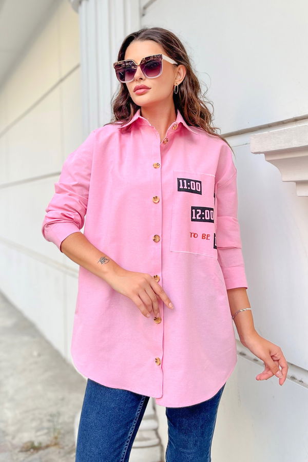 Düz Gömlek Yaka Kadın Pembe Gömlek - 11467 PEMBE