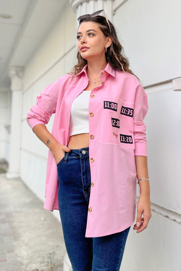 Düz Gömlek Yaka Kadın Pembe Gömlek - 11467 PEMBE