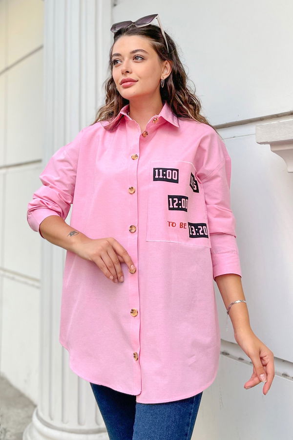 Düz Gömlek Yaka Kadın Pembe Gömlek - 11467 PEMBE
