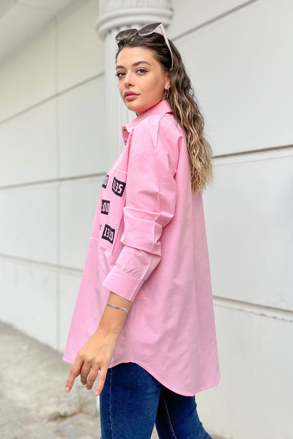 Düz Gömlek Yaka Kadın Pembe Gömlek - 11467 PEMBE