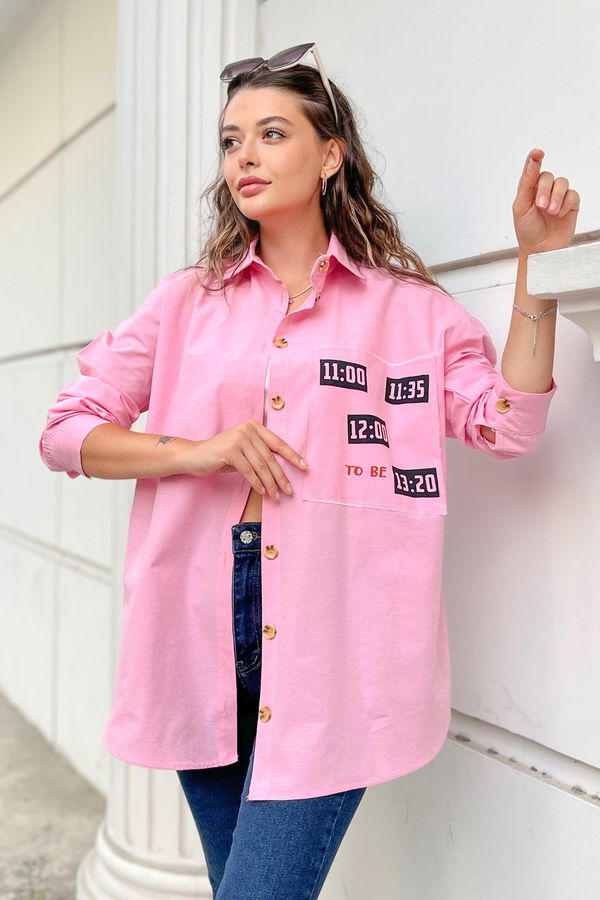 Düz Gömlek Yaka Kadın Pembe Gömlek - 11467 PEMBE