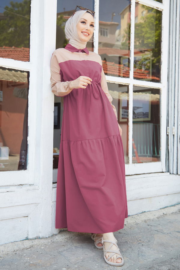 Düz Gömlek Yaka Kadın Pembe Elbise - 10303