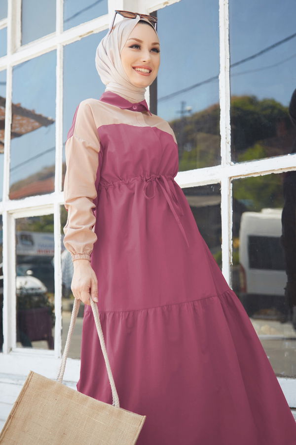 Düz Gömlek Yaka Kadın Pembe Elbise - 10303