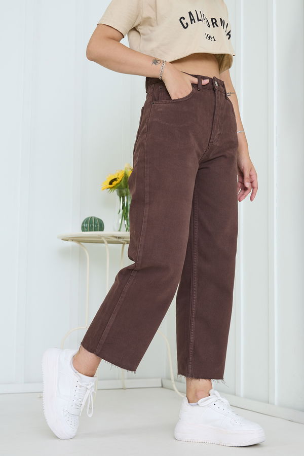 Düz Orta Kadın Kahverengi Kot Pantolon - 22603