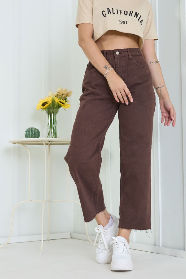 Düz Orta Kadın Kahverengi Kot Pantolon - 22603