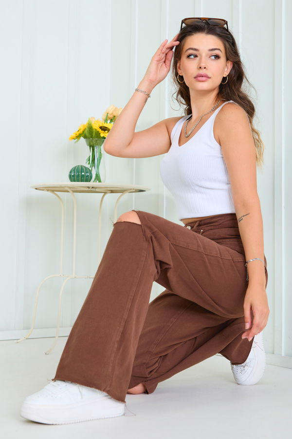 Düz Orta Kadın Kahverengi Kot Pantolon - 22599