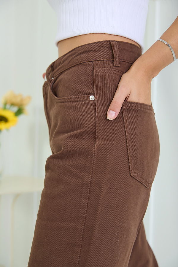 Düz Orta Kadın Kahverengi Kot Pantolon - 22599