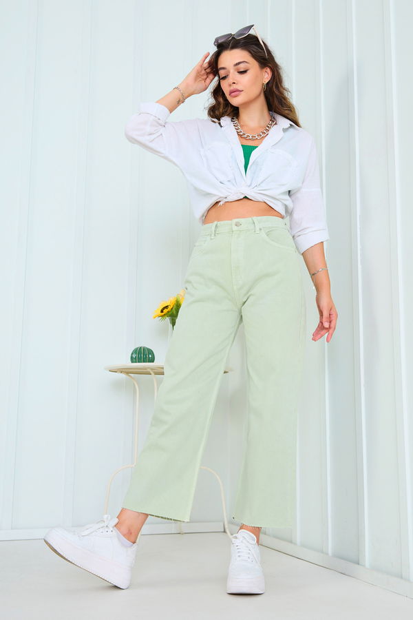 Düz Orta Kadın Yeşil Kot Pantolon - 22599