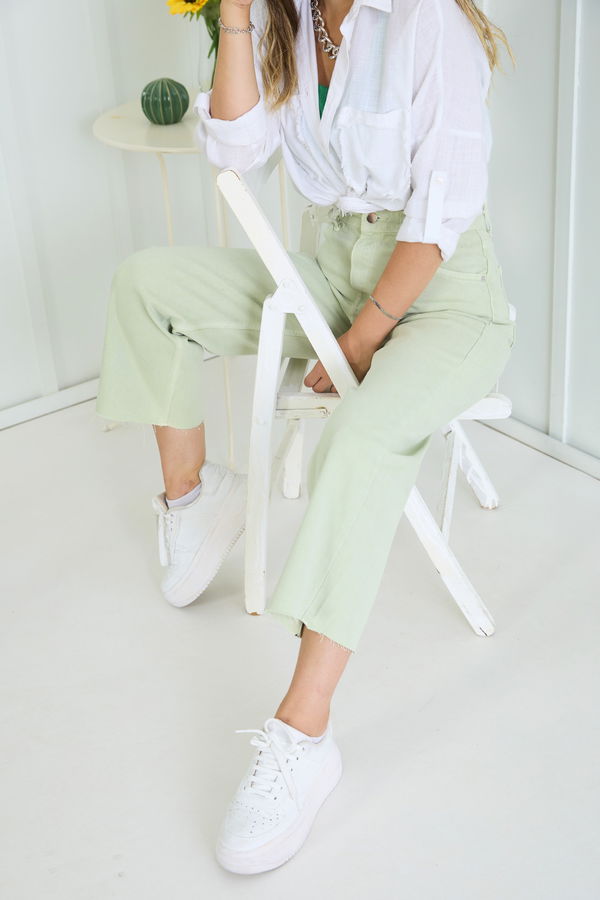 Düz Orta Kadın Yeşil Kot Pantolon - 22599