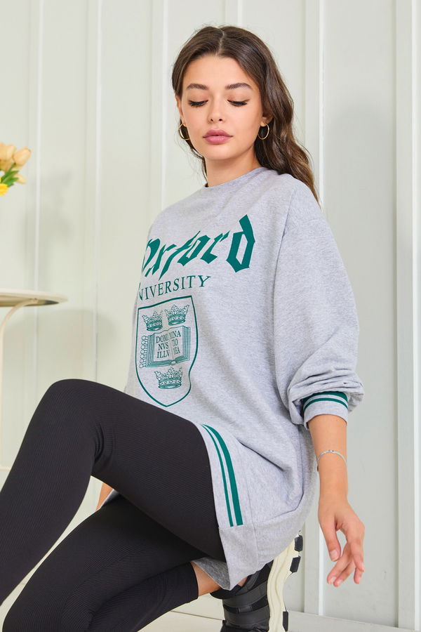 Düz Bisiklet Yaka Kadın Gri Sweat - 23014