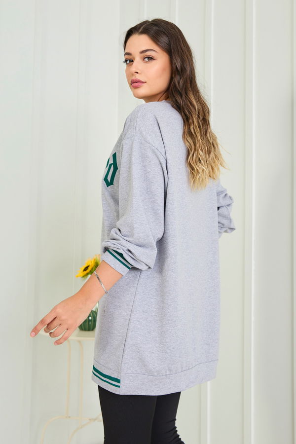 Düz Bisiklet Yaka Kadın Gri Sweat - 23014