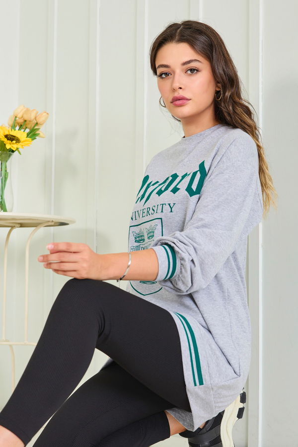 Düz Bisiklet Yaka Kadın Gri Sweat - 23014