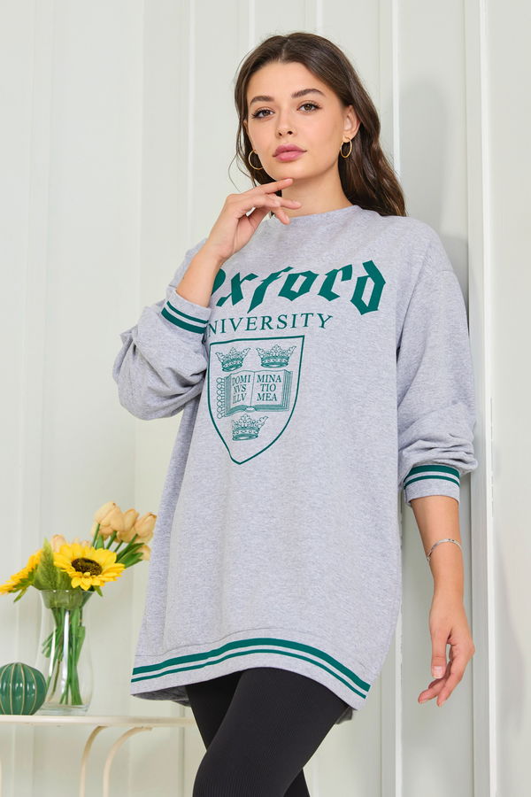 Düz Bisiklet Yaka Kadın Gri Sweat - 23014