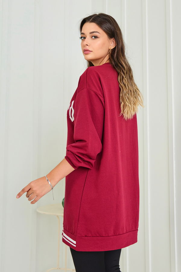 Düz Bisiklet Yaka Kadın Bordo Sweat - 23014