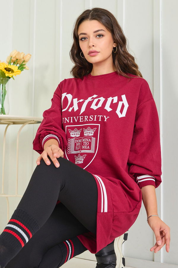 Düz Bisiklet Yaka Kadın Bordo Sweat - 23014