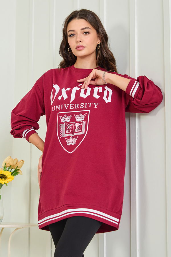 Düz Bisiklet Yaka Kadın Bordo Sweat - 23014