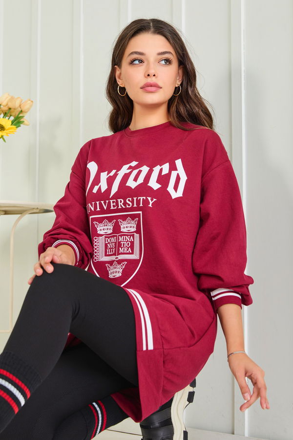 Düz Bisiklet Yaka Kadın Bordo Sweat - 23014