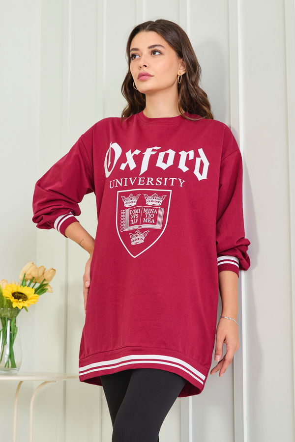 Düz Bisiklet Yaka Kadın Bordo Sweat - 23014