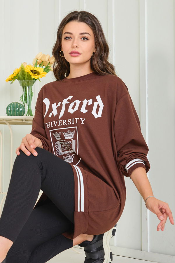 Düz Bisiklet Yaka Kadın Kahverengi Sweat - 23014