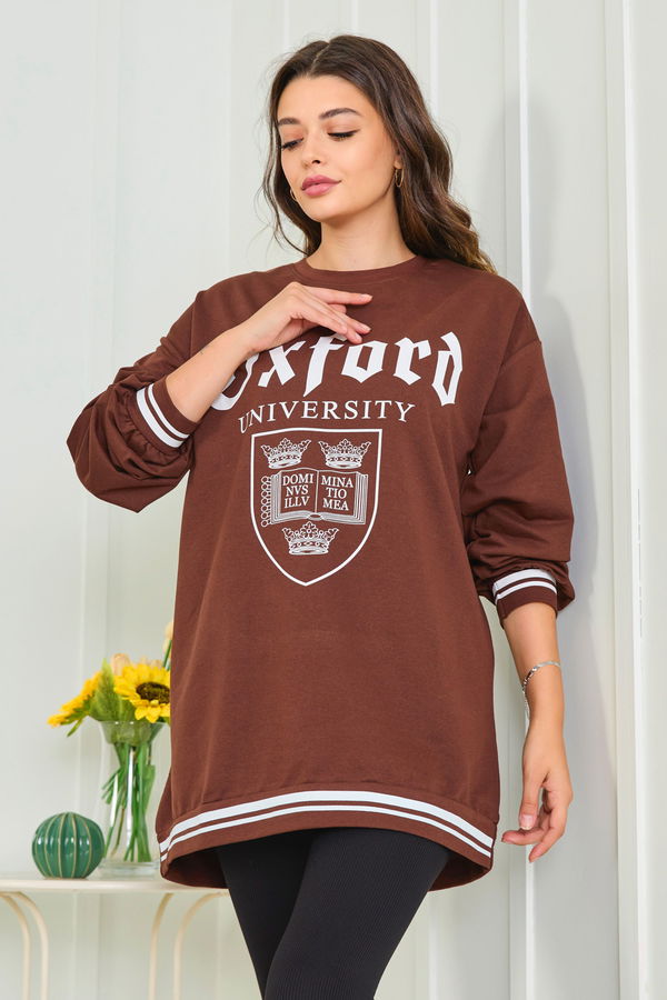 Düz Bisiklet Yaka Kadın Kahverengi Sweat - 23014