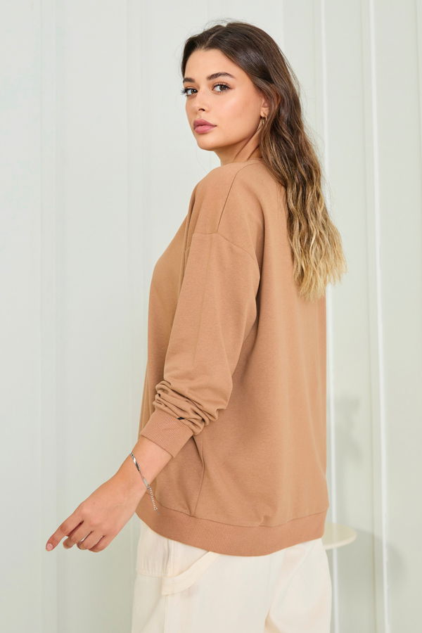 Düz Bisiklet Yaka Kadın Vizon Sweat - 23007