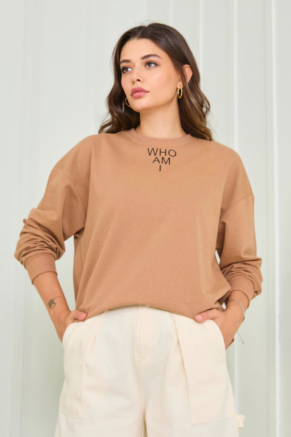 Düz Bisiklet Yaka Kadın Vizon Sweat - 23007